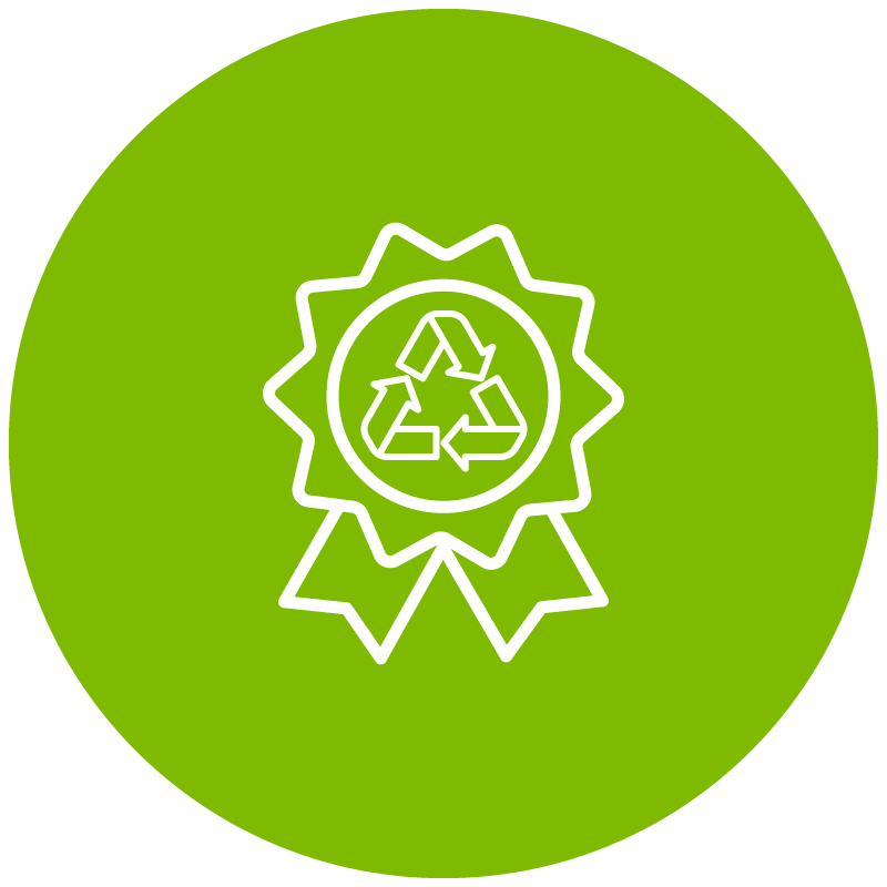 A green circular icon with a recycling ribbon in white.