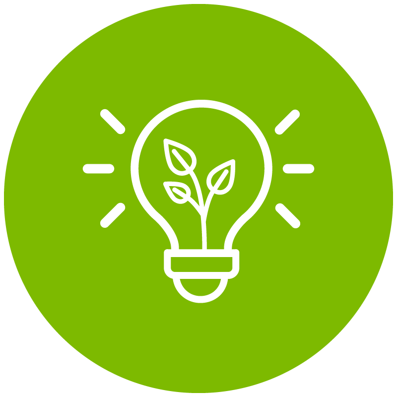 A green circular icon with a lightbulb and leaves growing inside in white.