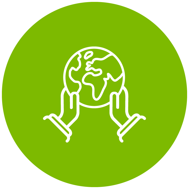 A green circular icon with hands holding up a globe in white.